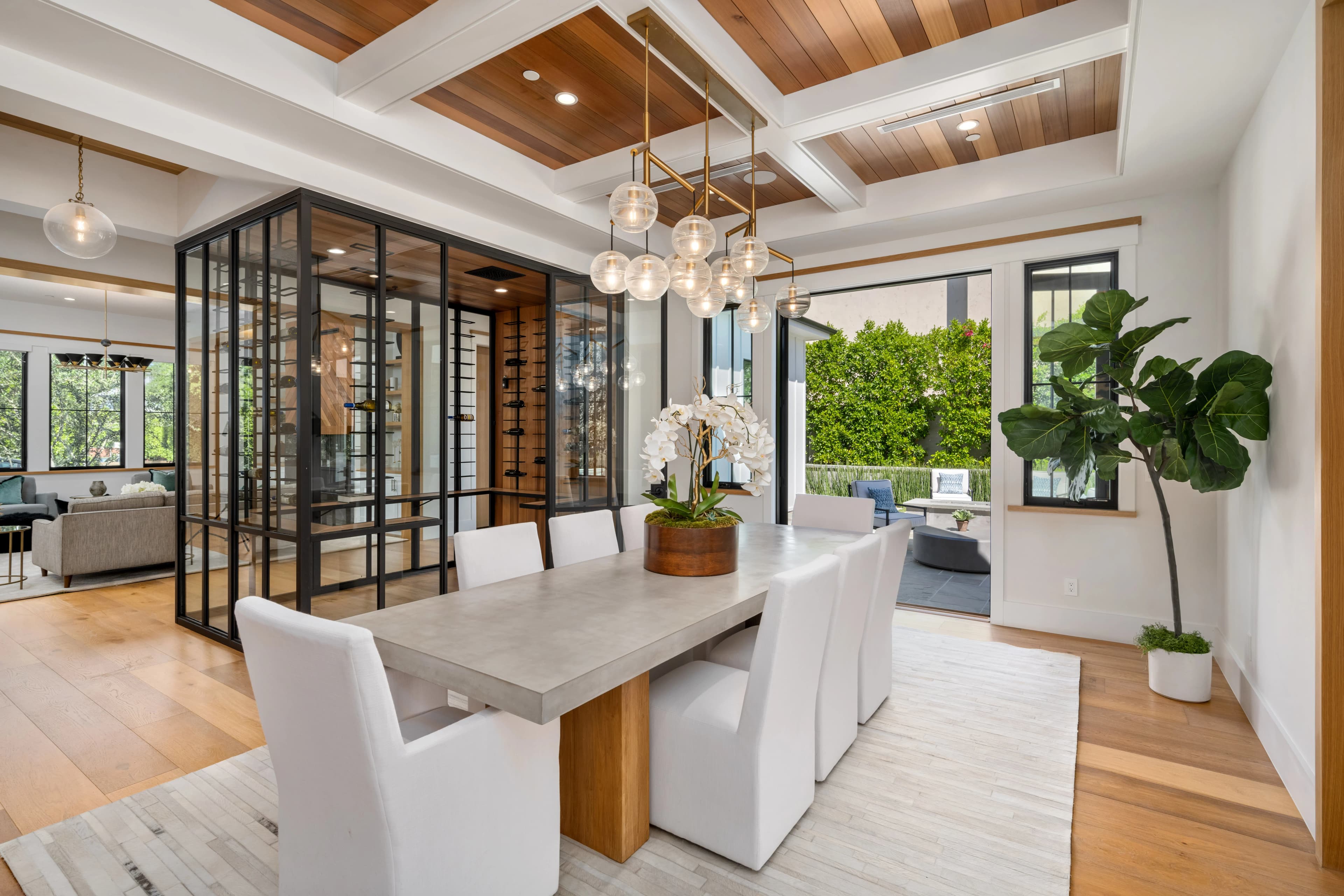 Modern dining room interior with wine storage